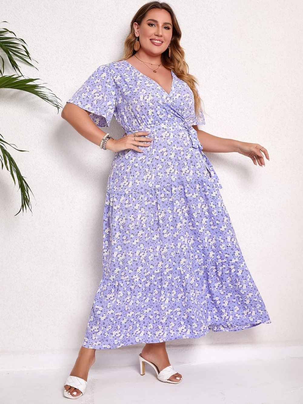 Women’s Plus Size 3XL Faux Wrap Midi Dress Light Purple White Ditsy Floral Short